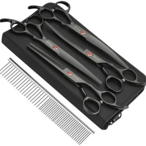 Dog Grooming Scissors Kit Professional Pet Hair Cutting Shears Set with Curved Straight Blades Scissors Thinning Shears Stainle
